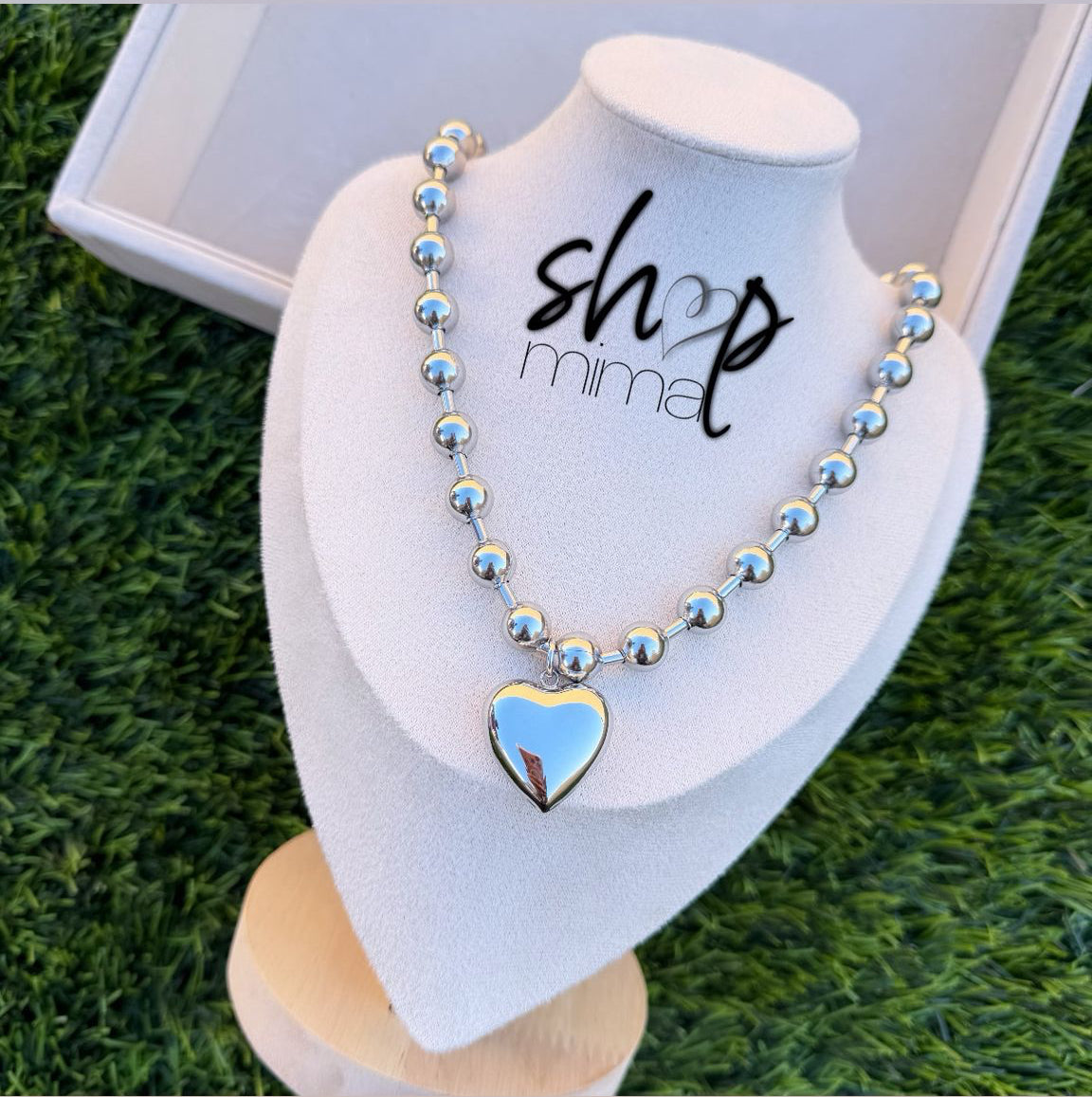 CHUNKY BEADS SILVER HEARTS NECKLACE STAINLESS STEEL