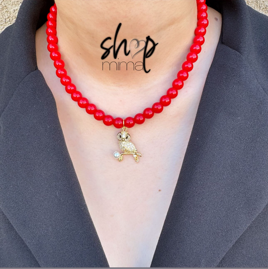 RED GEM STONE IN ZIRCONIA OWL NECKLACE MADE BY TANIAXO